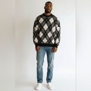 Richard James Sz M Black Cream Argyle Knit Crewneck Sweater Preppy Quiet Luxury